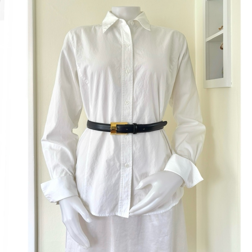 vintage dark navy blue leather skinny belt with gold tone buckle by Gail Labelle